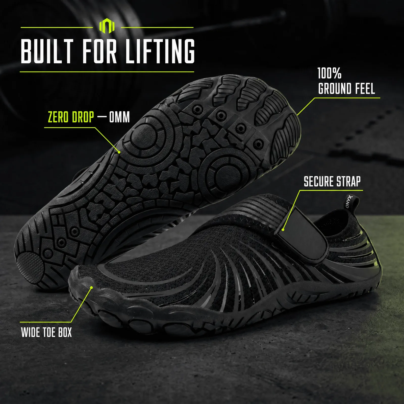 KRAFTBARE FORGE Onyx Black zero-drop barefoot lifting shoe for squats and deadlifts